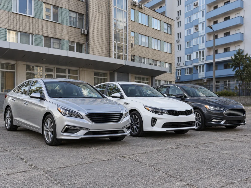 Автопарк Drive4U: Hyundai Sonata, Kia K5 і Ford Fusion на парковці в Києві